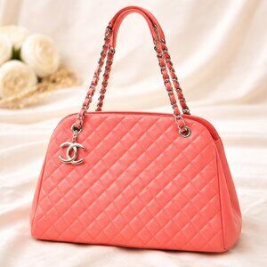 Authentic Chanel Quilted Caviar Leather Shoulder Coral Pink CC Chain Handbag